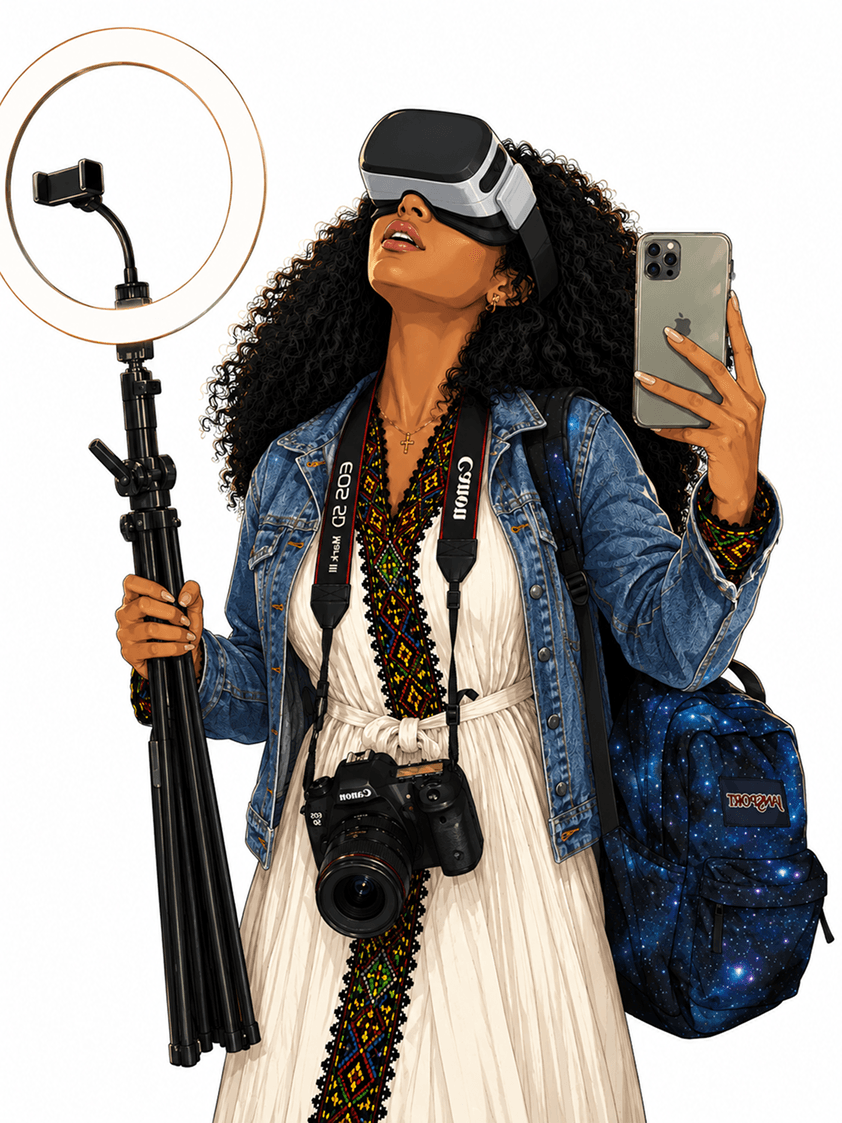 A creative professional with a camera, phone, ring light, and VR headset